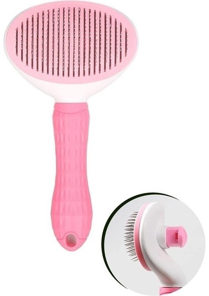 Buffer® Kedi Köpek Tüy Toplayıcı Kendini Temizleyebilen Ergonomik Saplı Evcil Hayvan Tarağı Pembe