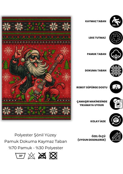 Rockçı Noel Baba Figürlü Kırmızı Halı Dijital Baskılı Dokuma Kaymaz Tabanlı Yıkanır Yılbaşı Halısı fırsatları
