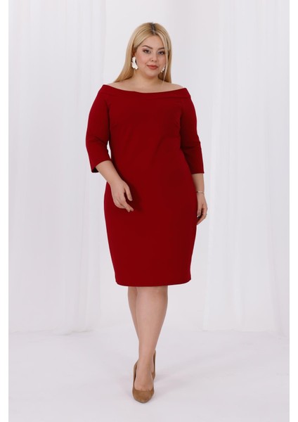 Kadın Bordo Carmen Yaka Truvakar Kol Büyük Beden Esnek Krep Elbise fiyatları