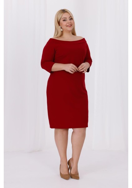 Kadın Bordo Carmen Yaka Truvakar Kol Büyük Beden Esnek Krep Elbise fırsatları