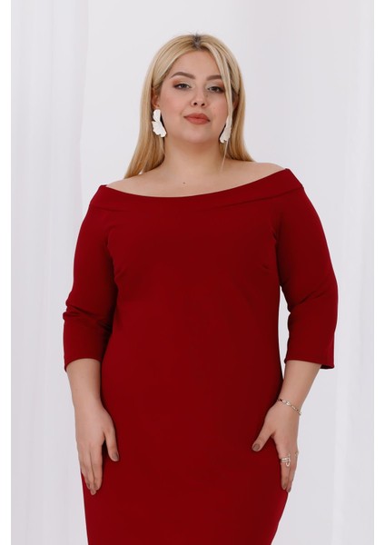 Kadın Bordo Carmen Yaka Truvakar Kol Büyük Beden Esnek Krep Elbise indirimleri