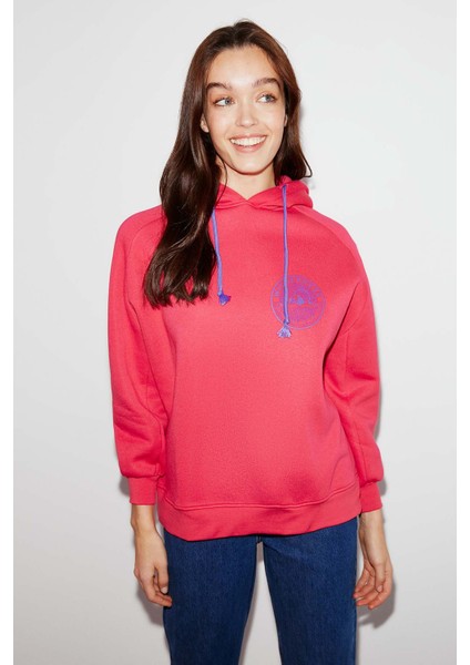 Polınıa Kadın Içi Polarlı Göğsü Baskılı Regular Fit Kontrast Kordonlu Kapüşonlu Pembe Sweatshirt