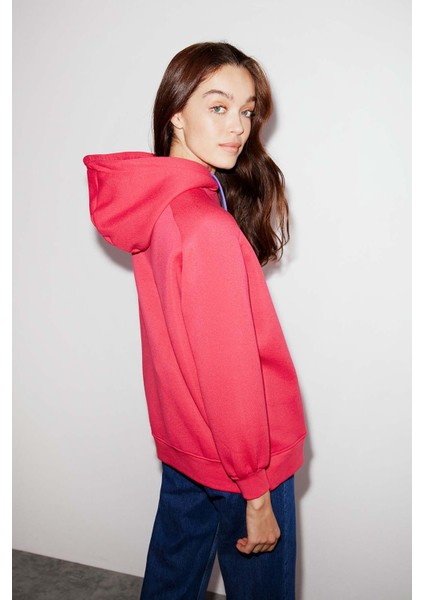 Polınıa Kadın Içi Polarlı Göğsü Baskılı Regular Fit Kontrast Kordonlu Kapüşonlu Pembe Sweatshirt indirimleri
