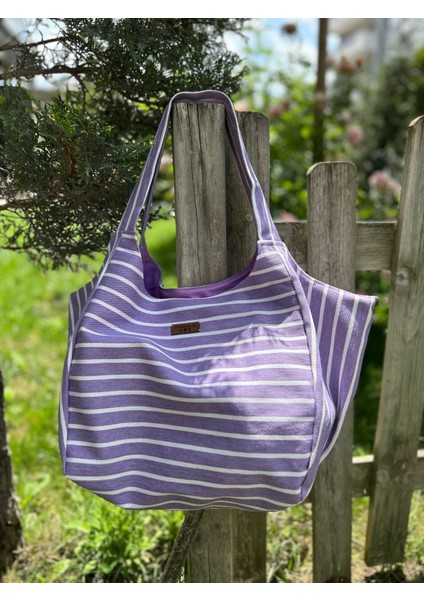 Pamuk Gabardin Heybe Çanta-Mor Beyaz Çizgili