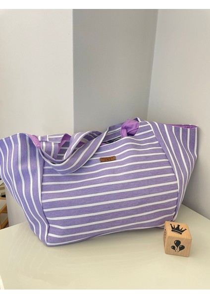 Pamuk Gabardin Heybe Çanta-Mor Beyaz Çizgili fırsatları