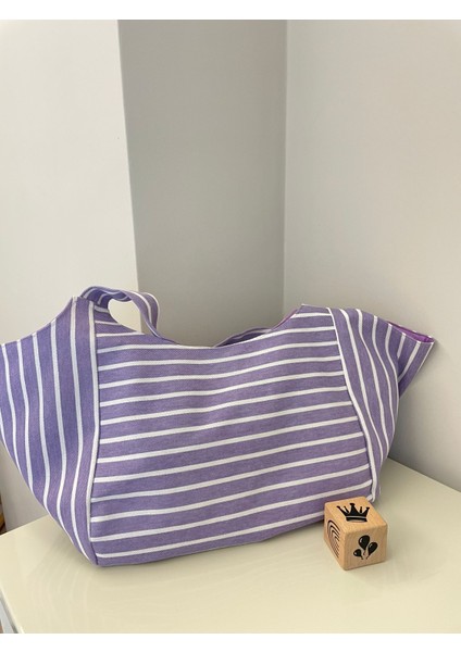 Pamuk Gabardin Heybe Çanta-Mor Beyaz Çizgili indirimleri