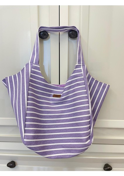 Pamuk Gabardin Heybe Çanta-Mor Beyaz Çizgili
