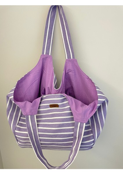 Pamuk Gabardin Heybe Çanta-Mor Beyaz Çizgili