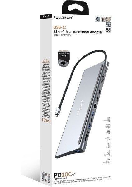 Fulltech FH18 12'si 1 Arada Usb-C Çoklayıcı | 2x 4K Hdmı, 100W Pd, RJ45, 3x Usb, Kart Girişi ve Ses Çıkışı fiyatları