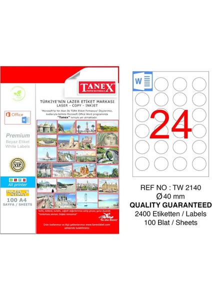 Tanex Laser Etiket 100 Yp 0.40 mm Laser-Copy-Inkjet Yuvarlak TW-2140