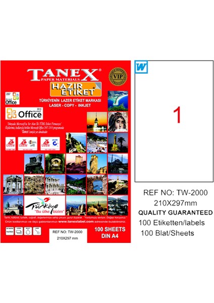 Tanex Laser Etiket 100 Yp 210X297 Laser-Copy-Inkjet TW-2000