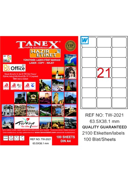 Tanex Laser Etiket 100 Yp 63X38 Laser-Copy-Inkjet TW-2021