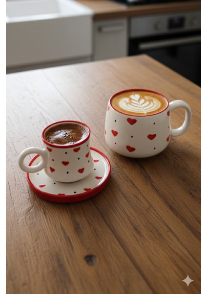 Canım Kendim Serisi Kırmızı Kalp Desenli, El Yapımı Seramik Kahve Fincanı ve Kupa Takımı, Mug, Hand Made