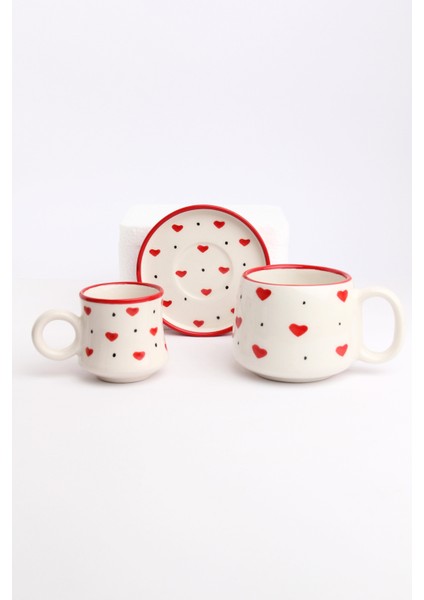 Canım Kendim Serisi Kırmızı Kalp Desenli, El Yapımı Seramik Kahve Fincanı ve Kupa Takımı, Mug, Hand Made fiyatları