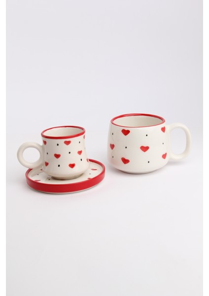 Canım Kendim Serisi Kırmızı Kalp Desenli, El Yapımı Seramik Kahve Fincanı ve Kupa Takımı, Mug, Hand Made modelleri