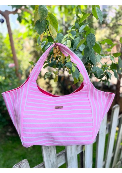 Pamuk Gabardin Heybe Çanta-Pembe Beyaz Çizgili