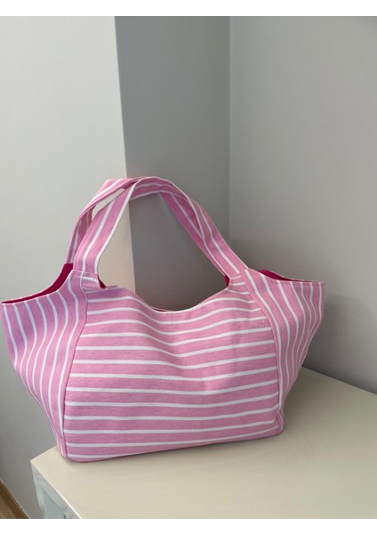 Pamuk Gabardin Heybe Çanta-Pembe Beyaz Çizgili fiyatları