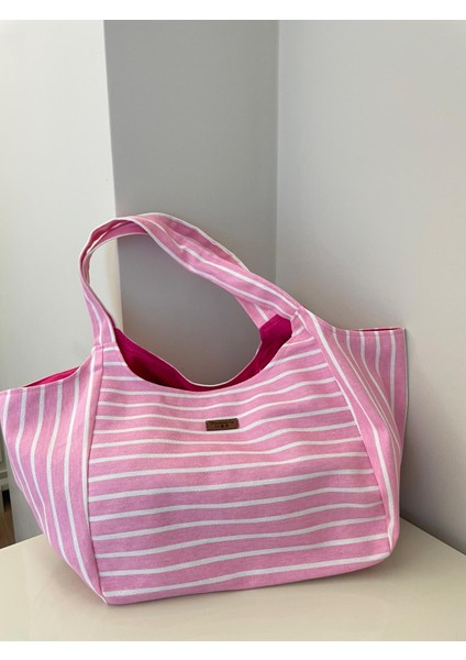 Pamuk Gabardin Heybe Çanta-Pembe Beyaz Çizgili fırsatları