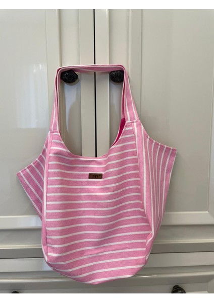Pamuk Gabardin Heybe Çanta-Pembe Beyaz Çizgili indirimleri