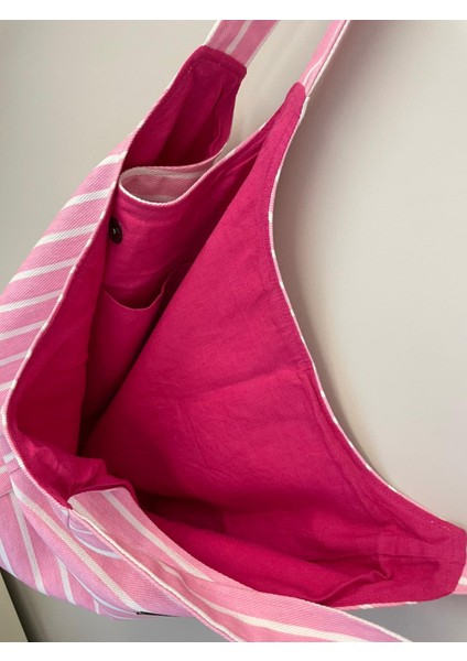 Pamuk Gabardin Heybe Çanta-Pembe Beyaz Çizgili