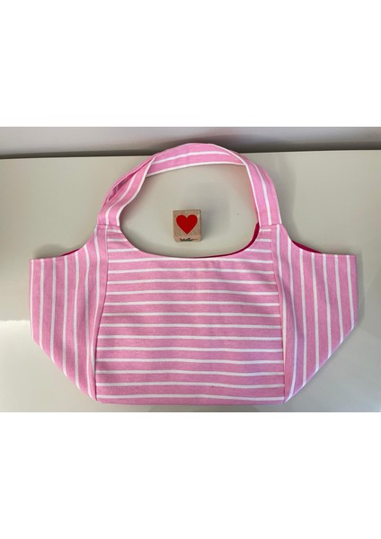 Pamuk Gabardin Heybe Çanta-Pembe Beyaz Çizgili
