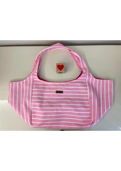 Pamuk Gabardin Heybe Çanta-Pembe Beyaz Çizgili