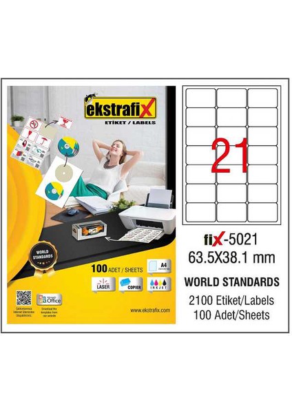 Ekstrafix Laser Etiket 100 Yp 63.5X38.1 Laser-Copy-Inkjet FİX-5021