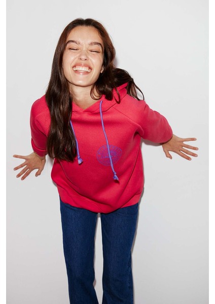 Polınıa Kadın Içi Polarlı Göğsü Baskılı Regular Fit Kontrast Kordonlu Kapüşonlu Pembe Sweatshirt fiyatları