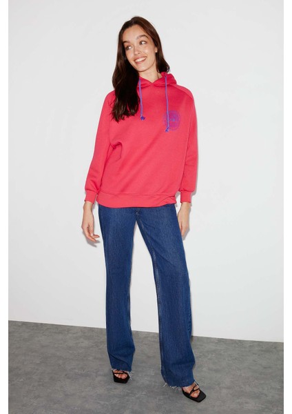 Polınıa Kadın Içi Polarlı Göğsü Baskılı Regular Fit Kontrast Kordonlu Kapüşonlu Pembe Sweatshirt fırsatları