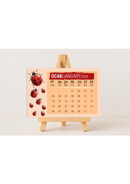 2026 Uğurböcek Temalı Masa Takvimi 10X15 Cm-Mini Ahşap Şövale Ile Birlikte