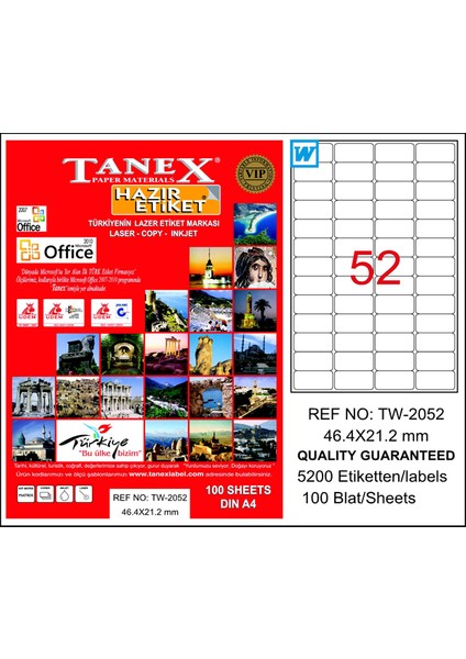 Tanex Laser Etiket 100 Yp 46.4X21.2 Laser-Copy-Inkjet TW-2052
