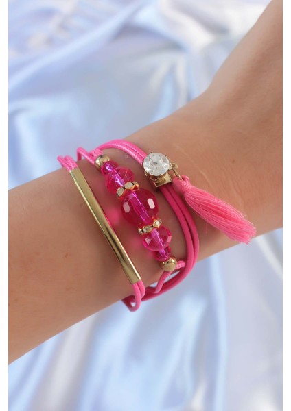 Pembe Zirkon Taşlı İpli Püskül Detay Çoklu Bileklik - TJ-BB6360