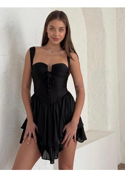 Kadın Siyah Göğüs Kuplu Saten Yılbaşı Elbise fiyatları