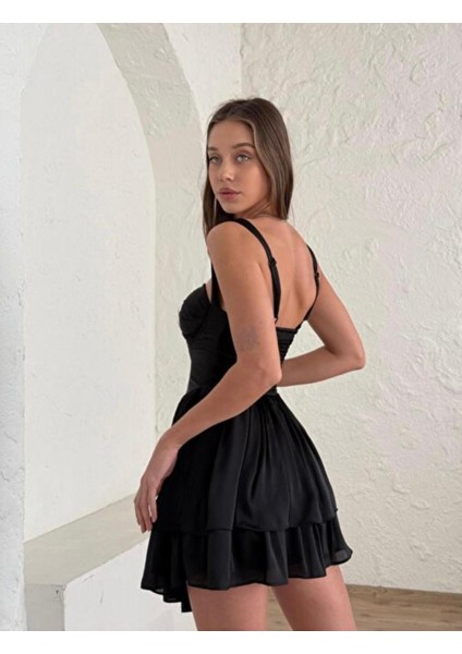 Kadın Siyah Göğüs Kuplu Saten Yılbaşı Elbise modelleri