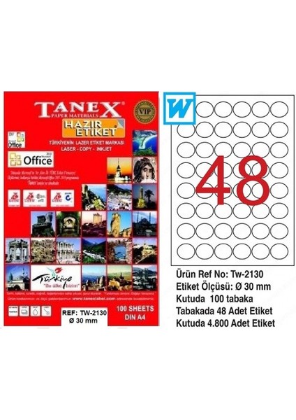 Tanex Laser Etiket 100 Yp 0.30 mm Laser-Copy-Inkjet Yuvarlak TW-2130