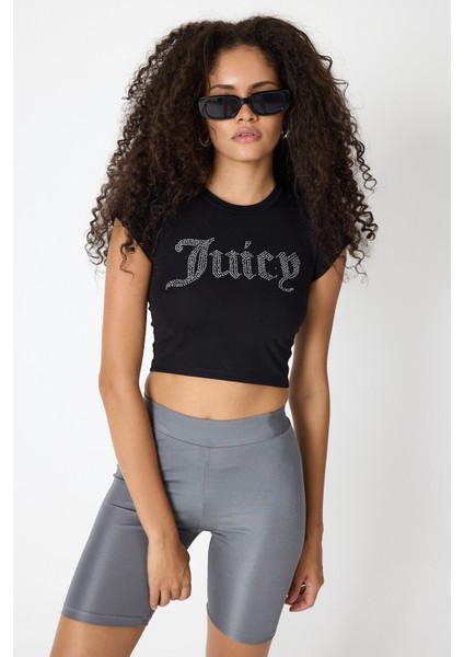Kadın Kristal Taş Baskılı Juicy Crop T-Shirt