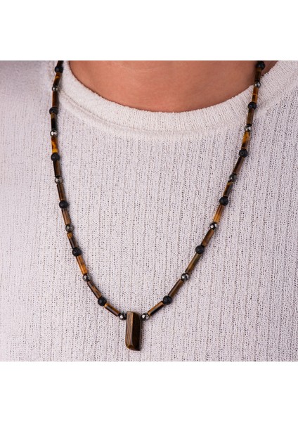 Pirit, Kaplan Gözü ve Lav Taşı Doğal Taş Erkek Kolye – Güç, Koruma ve Denge Kolyesi