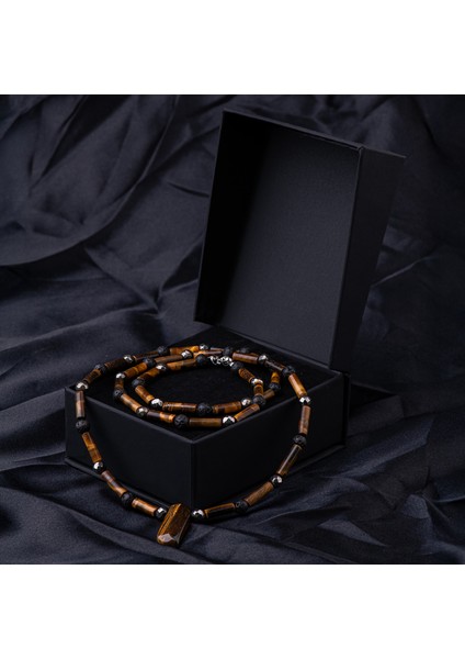 Pirit, Kaplan Gözü ve Lav Taşı Doğal Taş Erkek Kolye – Güç, Koruma ve Denge Kolyesi fırsatları