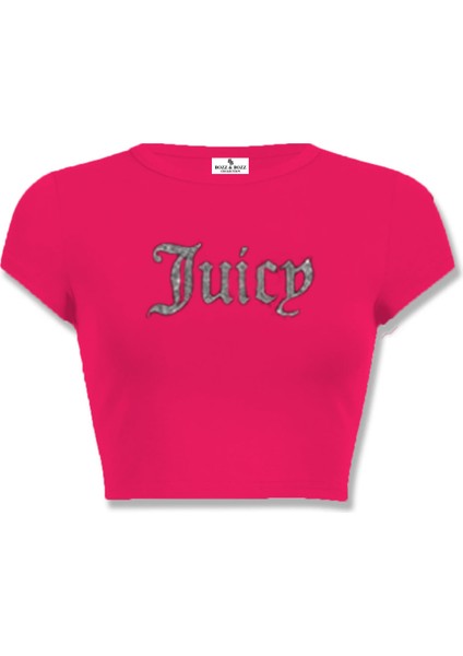 Kadın Kristal Taş Baskılı Juicy Crop T-Shirt