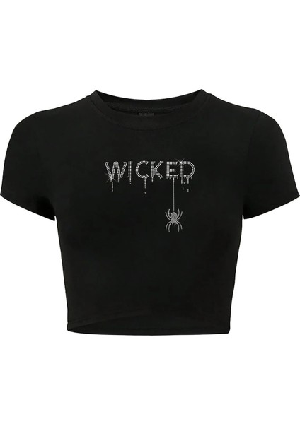 Kadın Kristal Taş Baskılı White Wicked Crop T-Shirt
