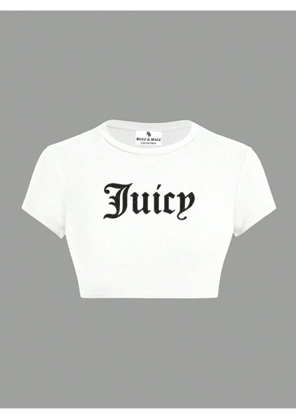Kadın Juicy Kristal Taş Baskılı Crop Top T-Shirt
