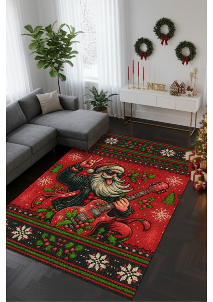 Rockçı Noel Baba Figürlü Kırmızı Halı Dijital Baskılı Dokuma Kaymaz Tabanlı Yıkanır Yılbaşı Halısı
