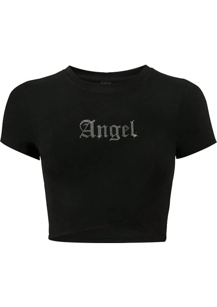 Kadın Angel Kristal Taş Baskılı Crop T-Shirt