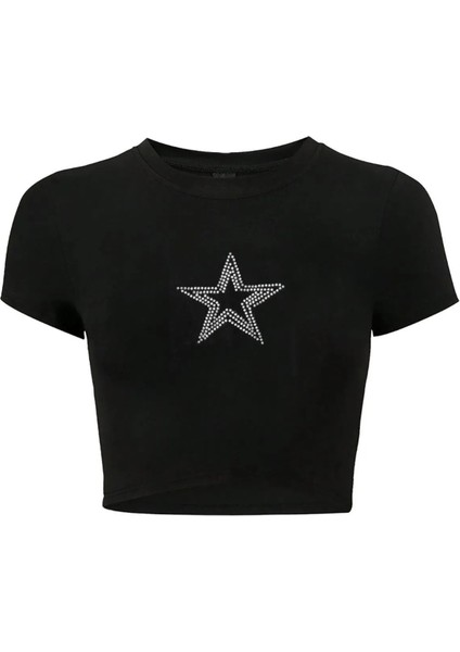 Kadın Star Kristal Taş Baskılı Crop T-Shirt
