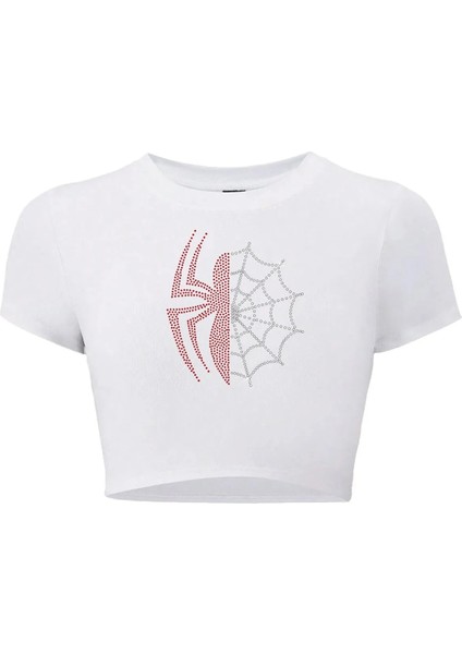 Kadın Renkli Spider Kristal Taş Baskılı Crop T-Shirt