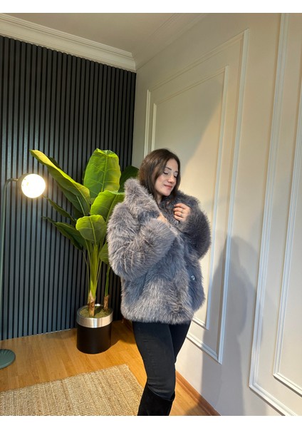 Şal Yaka Kürk Mont Gri indirimleri