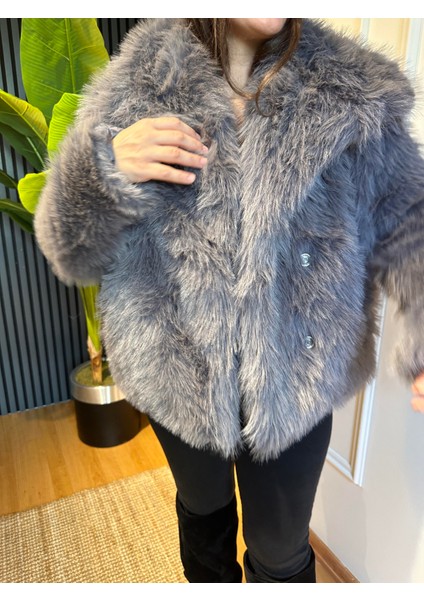 Şal Yaka Kürk Mont Gri