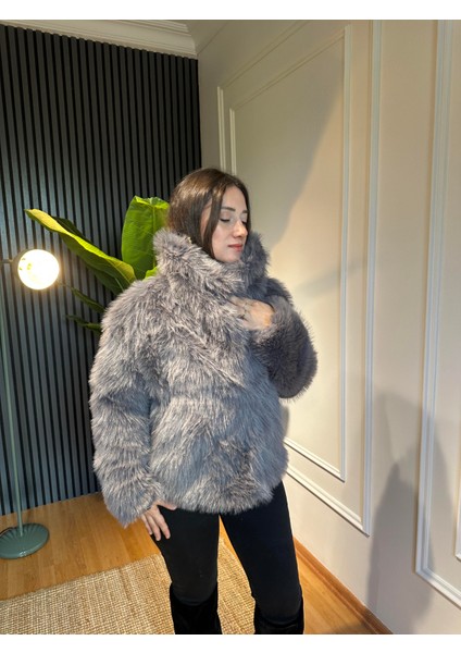 Şal Yaka Kürk Mont Gri