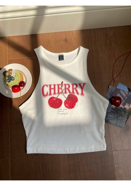 Kadın Have A Nice Weekend Cherry Kolsuz Halter Yaka Crop Atlet fiyatları