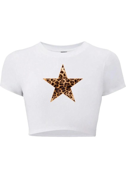 Kadın Ciao Leopar Yıldız Desenli Crop T-Shirt
